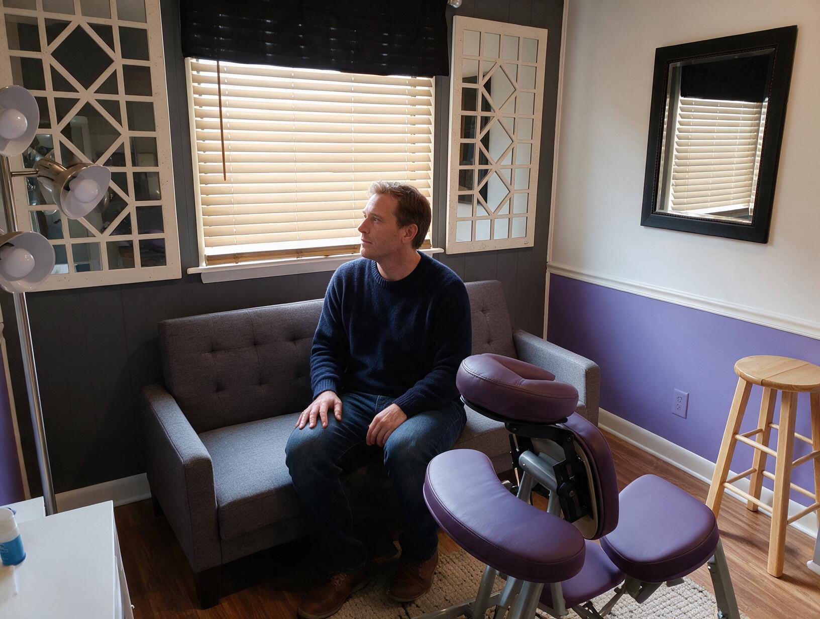 Man in a navy sweater and jeans sits on a grey sofa in a purple and grey room, looking out the window beside a purple chair.
