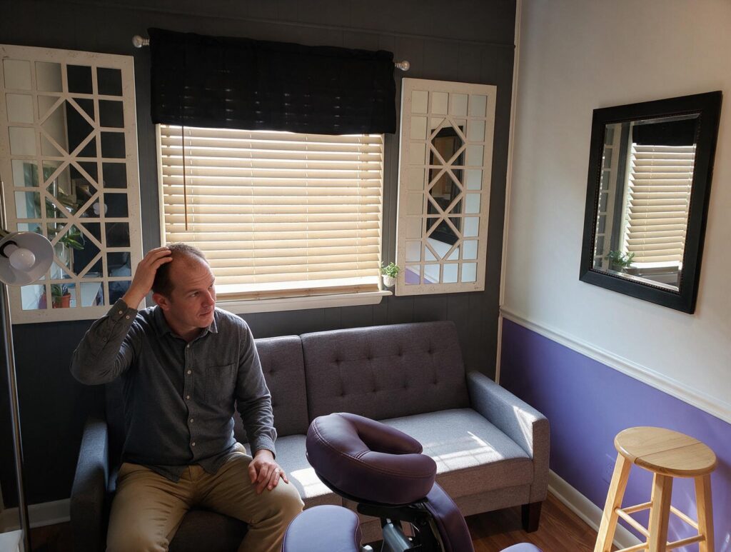 1806 featured 1792275084: carolina scalp center Man in a gray shirt and khaki pants sits on a gray sofa, one hand in his thinning hair
