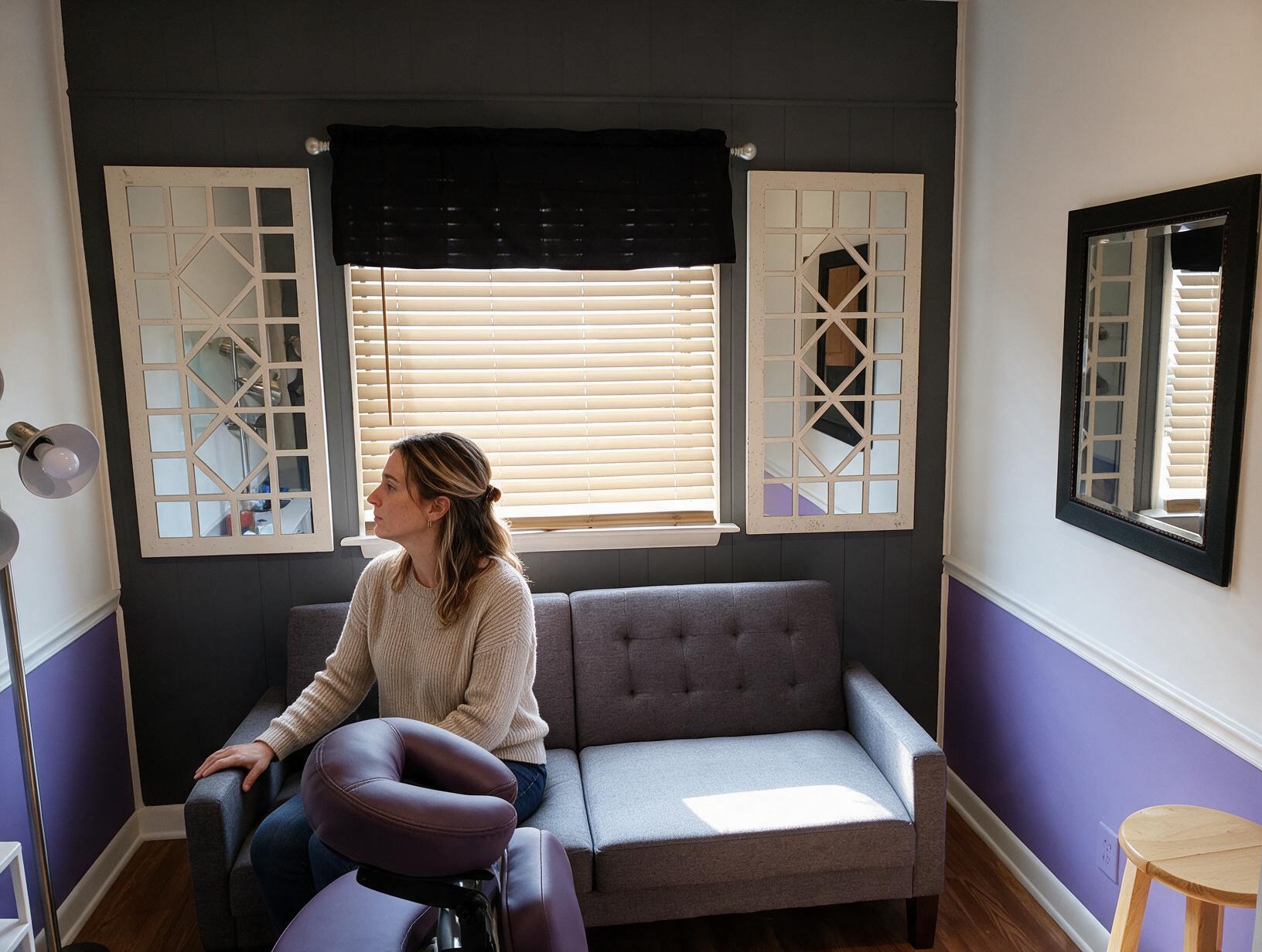 Woman in a cream knit sweater sits on a grey sofa in a purple and grey room, looking sideways toward a blinded window.