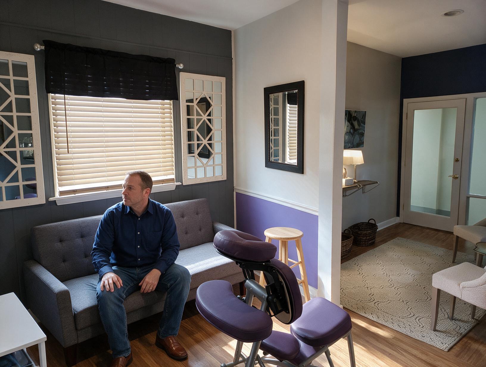 Man in a navy shirt and jeans sits on a grey sofa in a purple and grey room, looking toward the window